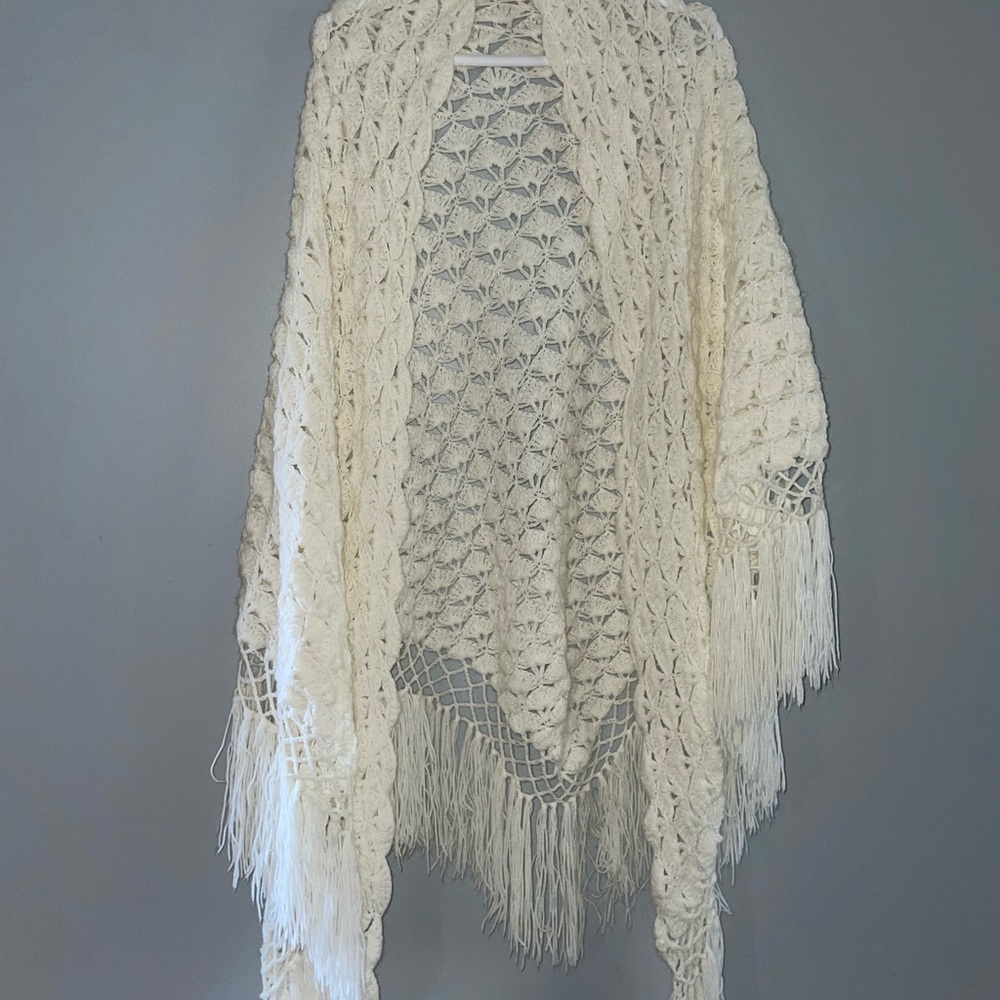 Vintage Hand Crocheted Fringe Shawl